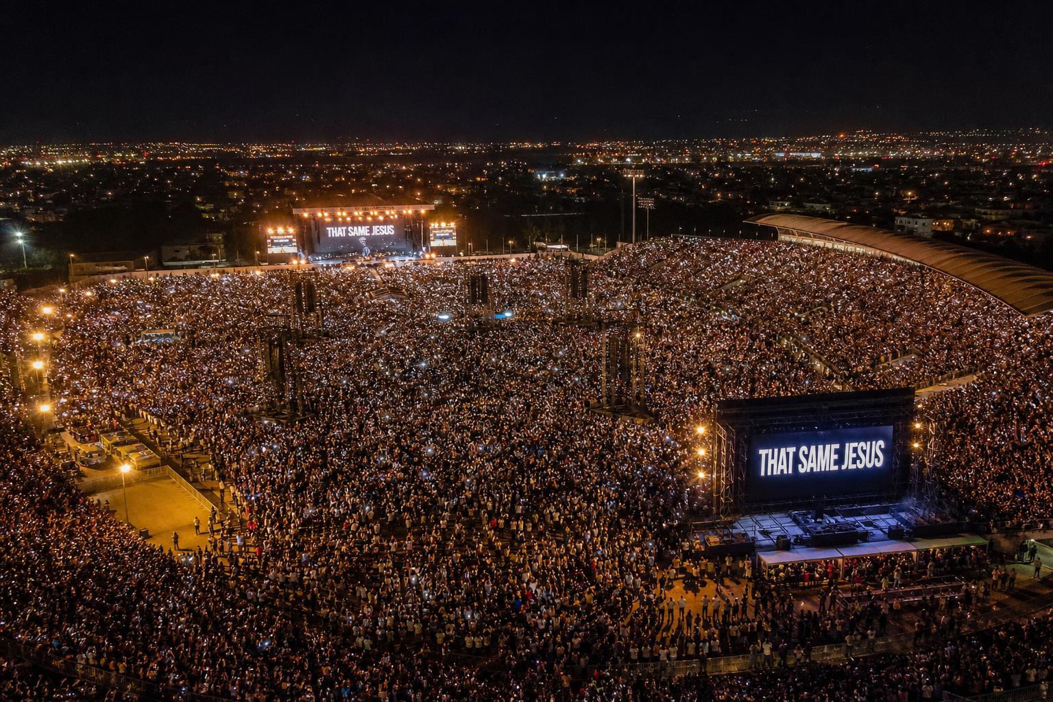Hyper-realistic mega crowd at a That Same Jesus crusade
